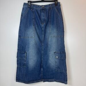 Social Collision Denim Cargo Midi Skirt Y2K Grunge Utility Jean Skirt Womens Med